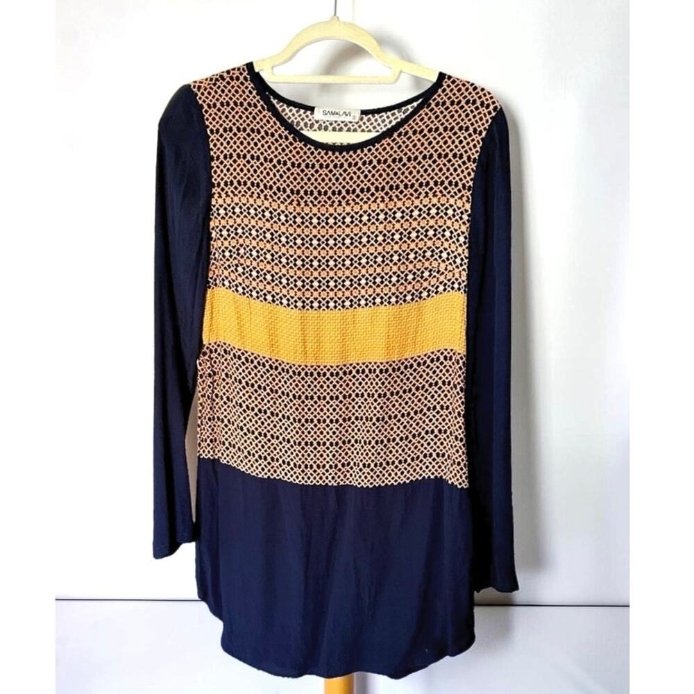 Sam & Lavi Colorblock Mini Dress Navy Moroccan Print Mustard Long Sleeve